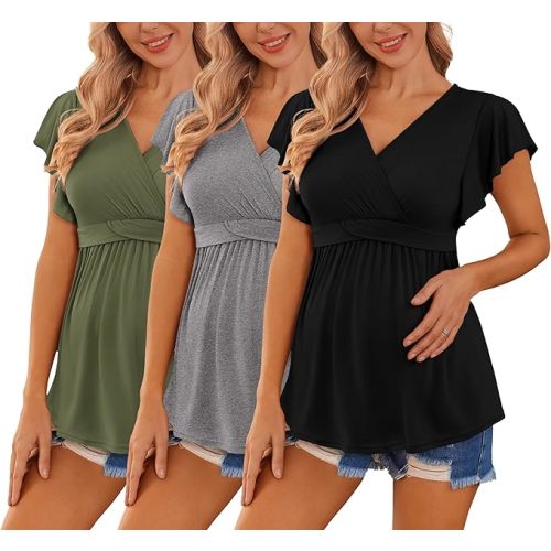 Ekouaer Maternity Shirts 3 Packs Flying Short Sleeve Nursing Tops Pregnancy Clothes