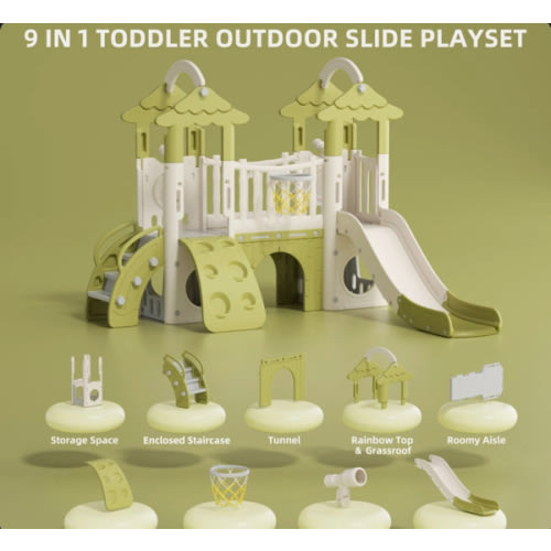 XJD 9 in 1 Toddler Slide, Jungle Slide with Basketball Hoop, Tunnel and Storage Space, Outdoor Indoor for Toddlers Age 1+,Tree House Design Toddlers Outdoor Indoor Playground (Green)