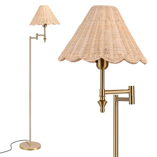 Boho Rattan Floor Lamp with Swing Arm, Natural Standing Lamp with Adjustable 310° Arm, Hand Woven Shade and Gold Metal Frame, 63" Tall Reading Floor Lamp for Living Room Bedroom Reading Nook
