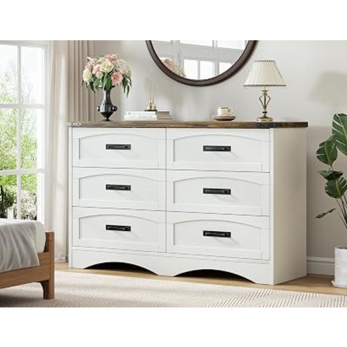 Decofy 47" Farmhouse 6-Drawer Dresser for Bedroom, Pure White + Walnut