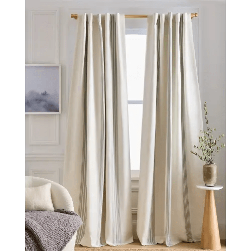 Coastal Stripe Linen/Cotton Blackout Curtain. Color: Ivory/Light Blue