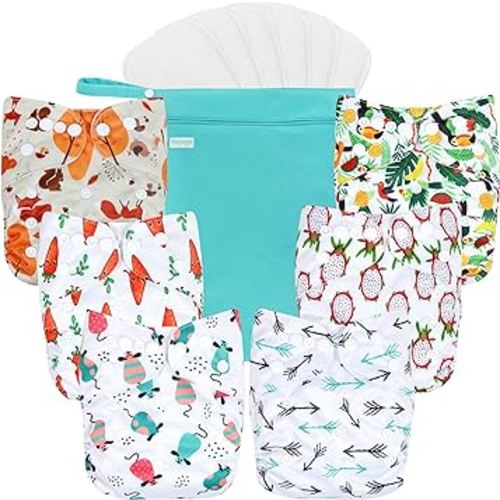 wegreeco Cloth Diapers 6 Pack with 6 Inserts & 1 Wet Bag, Washable Cloth Diapers for Babies, One Size Adjustable Reusable (Fruits, Animals)