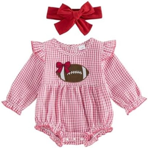 Newborn Baby Girl Football Outfit Smocked Bubble Romper Ruffle Long Sleeve Rugby Plaid Bodysuit Infant Fall Clothes