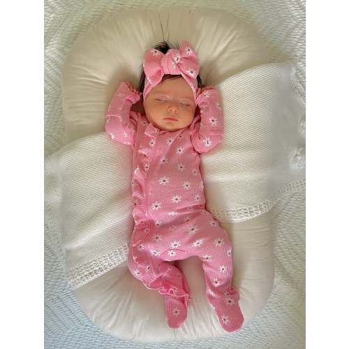 Organic Waffle 2-Way Zip Ruffle Footie, Pink Flower