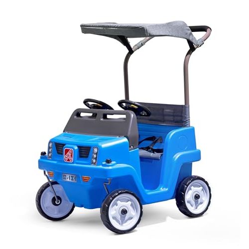 Step2 Side-by-Side Push Around SUV, 2-Seater Kids Push Car with Seat Belts, Dual Steering Wheels & Horns, Adjustable Canopy, Ages 18 months–5 years, Max 100 lbs., Durable Plastic, Blue