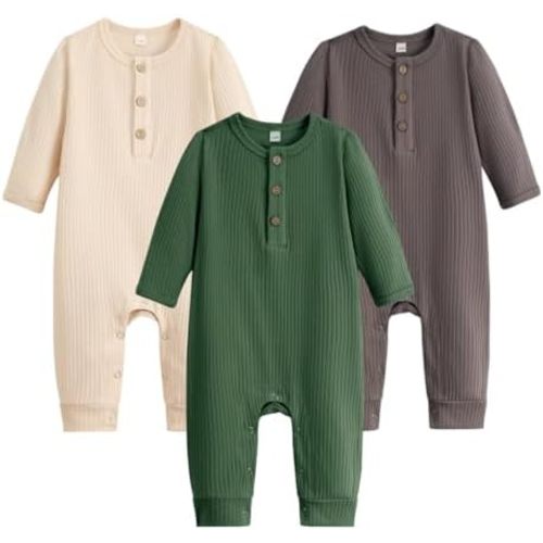 Bafeicao Baby Boy Girl 3 Pack Solid Romper Ribbed Cotton Long Sleeve Jumpsuit Infants Outfits Clothes with Mitten Cuffs