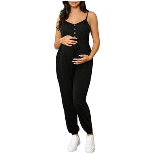 OYOANGLE Women's Maternity Nursing Jumpsuits Button Front V Neck Long Pants Romper