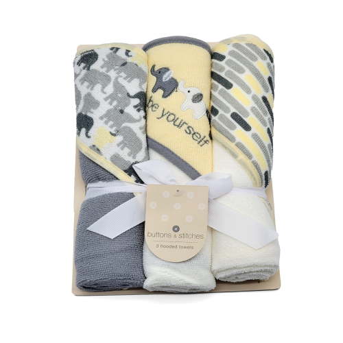 Buttons & Stitches Baby Girl and Boy 3 Pack Rolled/Carded Hooded Towels in Be Yourself Elephant Print, GS71768