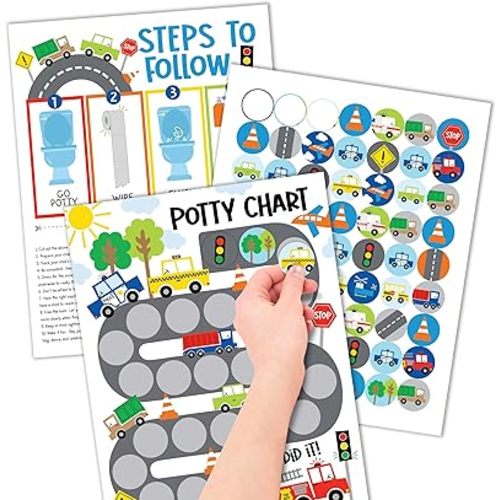 Hadley Designs Potty Training Chart for Toddlers Boys -10 Sticker Potty Chart for Toddlers Boys, 8.5x11" Potty Training Sticker Charts for Toilet Success, Cars Toddler Reward Chart for Kids