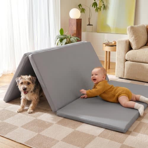 Mallify Foldable Baby Play Mat, 50''x50'' Waterproof Thick Foam Vegan Leather Playpen Mat for Infants and Toddlers, Portable Baby Mat for Floor, Grey