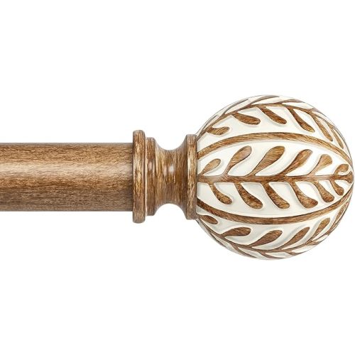 Wood Curtain Rods for Windows 48 to 84, 1 Inch Heavy Duty Boho Drapery Rods with Imitation Wood Grain olive leaf motif Finials, Rustic Decorative Curtain Pole set, 32"-86", Coffee Brown