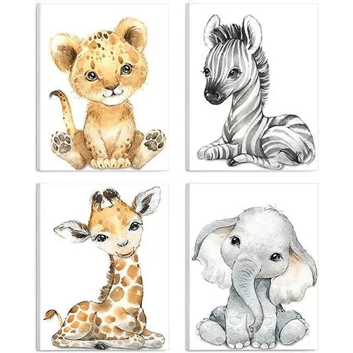 Woodland Animals Wall Art Framed Canvas Prints Watercolor Zebra Fawn Tiger Elephant Baby Cartoon Artwork Decor for Living Room Bedroom Nursery(Set of 4, 8 x 10 inch)