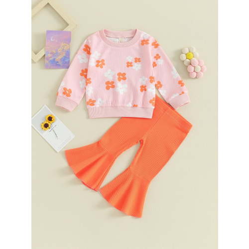Loicainy Baby Kids Little Girl 2Pcs Fall Outfits 6 12 24 Months 2T 3T 4T 5T Long Sleeve Floral Print Pullover Tops + Flare Pants Set Toddler Spring Clothes Set