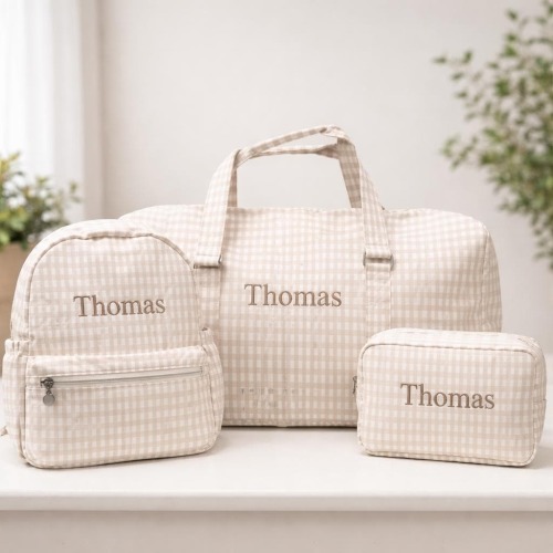 Khaki Gingham Backpack, Duffle Bag, Sports Bag, Personalized, Embroidery, Kids Sleepover Bag, Kids Travel, Matching Set, lunch bag