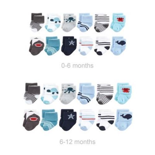 Hudson Baby Infant Boy Grow with Me Cotton Terry Socks, Sea Creatures, 0-6 and 6-12 Months