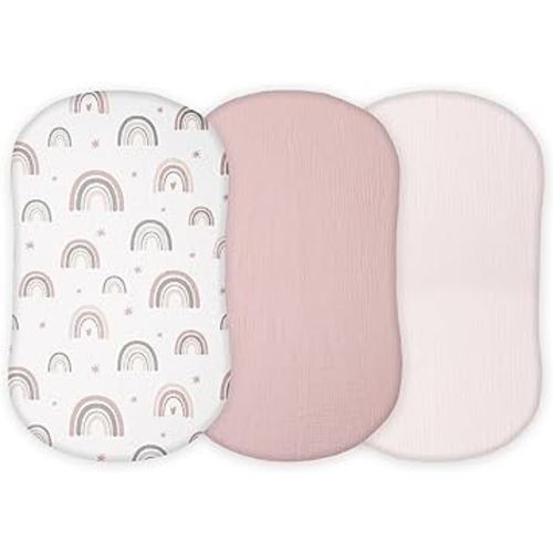 Muslin Bassinet Sheets Compatible with Halo Bassinest Swivel, Flex, Glide, Premiere and Luxe Series Sleeper, Pack 3, 33 X 17 Inch, Ultra Soft and Snug Fit, Unisex Boys Girls, Pink Rainbow