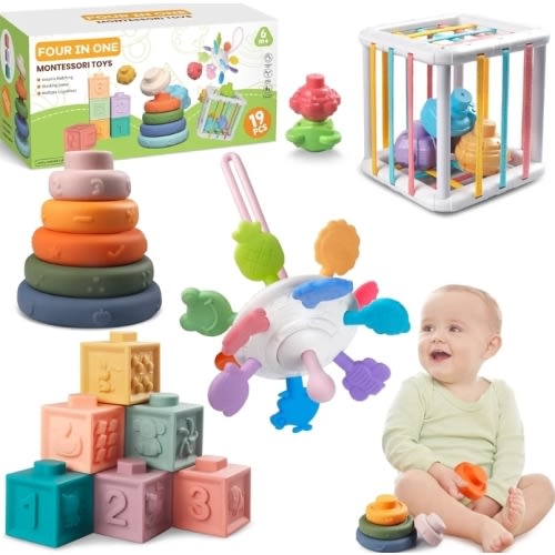 Montessori Baby Toys - Pull String Teether, Stacking Blocks, Sensory Shapes Storage Bin, Infant Bath Time Fun, 4 in 1 Toddlers Toy for Baby Boys Girls