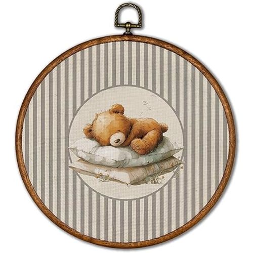 KSDUT Vintage Bear Wall Art Decor - Retro Sports Trendy Wall Art Canvas Frame Hanging Prints, Nursery Sports Gallery Round Artwork Decor for Home Kids Boys Room Decorations 10"x10"