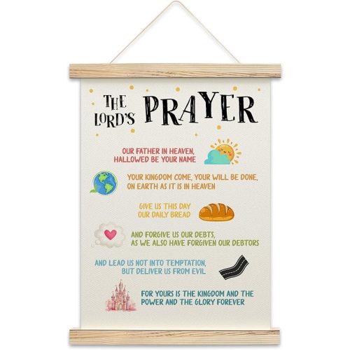 Dhsupfcn The Lord's Prayer Bible Verse Poster Hanger, Colorful Themed Christian Canvas Wall Art with Wood Hanger, Christian Room Decor, Scripture Wall Decor for Playroom Classroom, A06