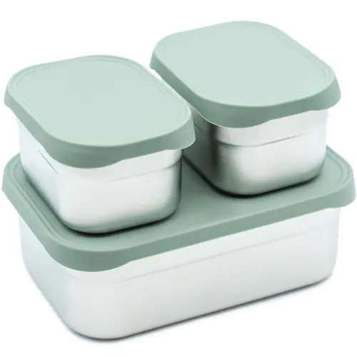 WeeSprout | Stainless Steel Bento Box Set with Airtight Silicone Lids | Nesting 3-Cup + Two 1-Cup Containers