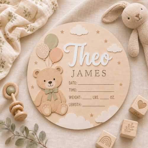 Teddy Bear Birth Stat Sign, Personalized Baby Name Plaque, Neutral Teddy Bear Nursery Decor, Baby Announcement Sign, Boho Baby Keepsake