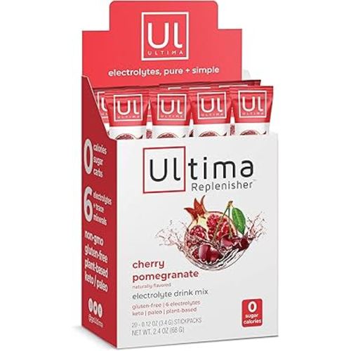 Ultima Replenisher Electrolyte Hydration Drink Mix, Cherry Pomegranate, 20 Serving Stickpack Box, no Sugar, no Carbs, no Calories, Keto, Gluten-Free, Non-GMO, Vegan