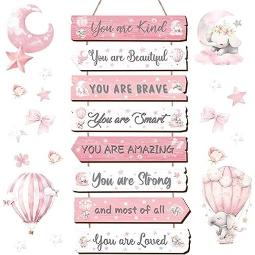 Inspirational Girl Room Decor Aesthetic Art Wall Hanging Sign Inspiring Colorful Rainbow Wooden Decoration for Kids Teens Toddler Boy Baby Bedroom Nursery Dorm Decor, 6-12 Years Old (Elephant)