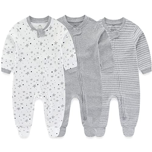 MAMIMAKA Newborn Baby Boy Girls Clothes 2-Way Zip Footed Cotton Bodysuit 3-Pack Long Sleeve Outfits 0-12Months Baby Pajamas