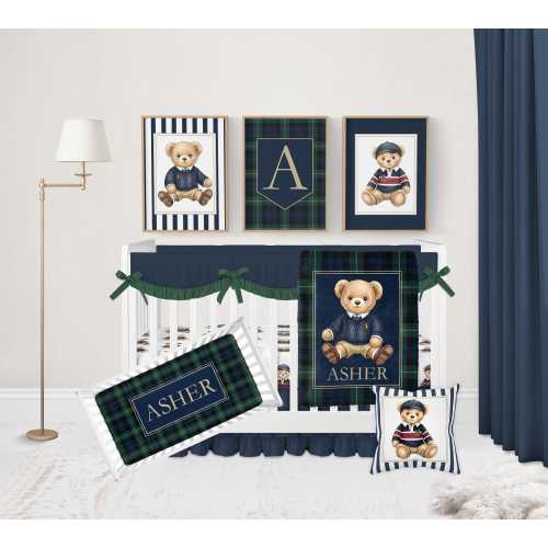 Polo Bear Crib Bedding Set, Tartan Plaid Baby Boy Bedding, Teddy Bear Baby Bedding Crib Set, Polo Teddy Bear Blanket, Classic Nursery Decor