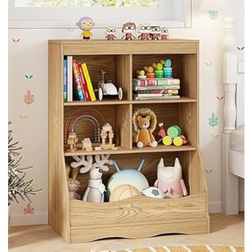 Costzon Toy Storage Organizer, 5-Cubby Kids Bookshelf with Footboard and Anti-Tipping Devices, 3-Tier Childrens Bookcase, Montessori Book Shelf for Kids Room, Playroom, Nursery, Daycare, Classroom