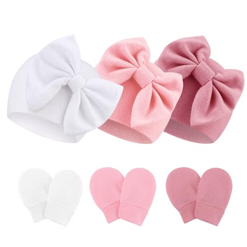 Newborn Baby Hats and Mittens Set Infant Bow Beanie Cap Toddler Gloves Newborn Hospital Hats for Baby Boy Girl 0-12 Months
