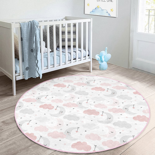 Happy Moon Baby Room Rug|Washable Pink Nursery Mat|Kinderkarten|Anti-Slip Cloud Print Baby Room Carpet|Baby Room Decor|Kids Gifts