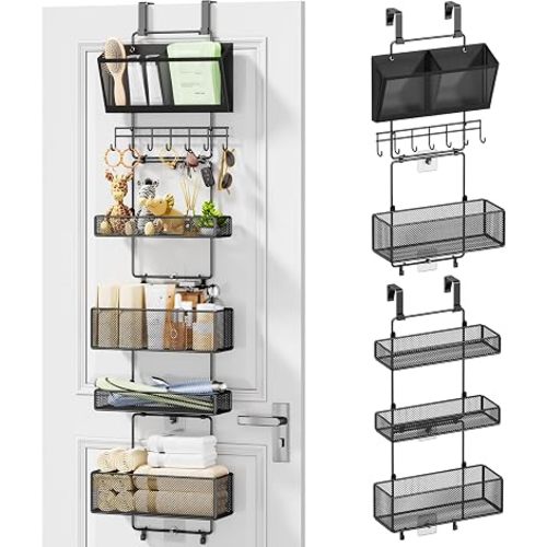 HapiRm Over Door Organizer Hanging - 6 Tier Over The Door Storage with Visual Pockets & Hooks, with 4 Metal Large Capacity Baskets for Bathroom Bedroom Kitchen Pantry Cabinet