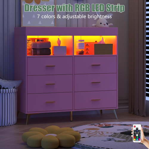 Dresser for Bedroom with 6 Drawers, Baby Changing Table Dresser with Changing Pad, LED Lights & Charging Station, Baby Changing Station with Changing Table Top