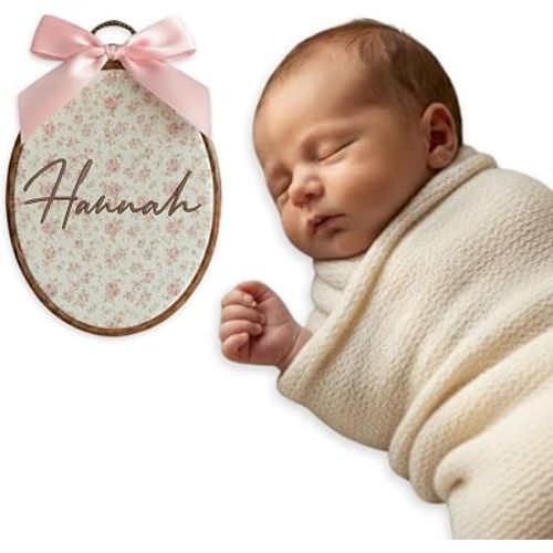 Personalized Baby Name Sign with Bows Babies Hospital Name Sign Welcome Announcement Sign for Newborn Embroidery Hoop Custom Infant Baby Name Baby Shower Birthday Gifts (06)