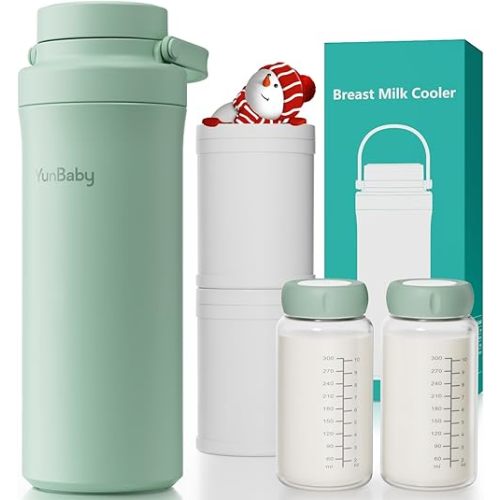 22oz Portable Breast Milk Cooler, Game-changer with 360° Total Cooling Gel Ice Pack for 30 Hours, Baby Travel Breastfeeding Essential Chiller with 2pcs Bottles for Breastmilk Storage (Green)