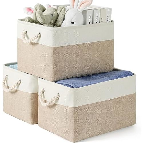 Storage Bins 3 Pack, Fabric Storage Basket for Collapsible Medium Canvas Storage Baskets for Organizing Shelf Nursery Home Closet with Cotton Rope Handle 15(L) x 11(W) x 9.5(H) inch(White&Khaki-3PCS)