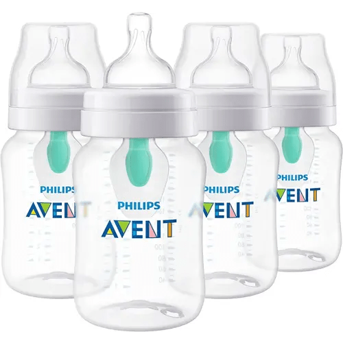 Philips Avent Anti-Colic Baby Bottle with AirFree Vent, 9oz, with Flow 2 Nipples, 1m+, 4pk, Clear, SCY703/04