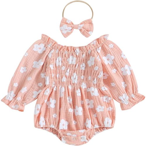 farrubbyine8 Baby Girl Outfit Cute Floral Romper Long Sleeve Ruched Bodysuit Comfy Outfits Baby Girl Clothes