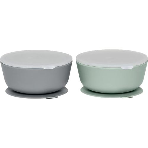 WeeSprout Suction Bowls for Baby & Toddlers (Set of 2) - 100% Silicone w/Plastic Lid - Leak Proof Feeding Supplies - Dishwasher & Microwave Safe Infant Dinnerware w/Extra Strong Base - Muted Dark Gray + Muted Green