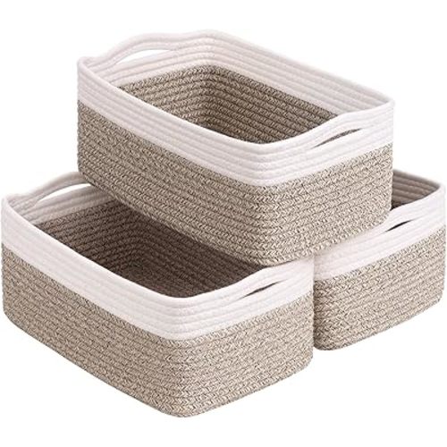 Goodpick Baskets for Organizing, 13 x 8 x5 in, Baskets for Shelves, Toy Storage, Home Decor, Dorm Decor 3 Pack for Bathroom, White & Light Brown