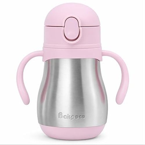 Stainless Steel Sippy Straw Cup for Toddlers 1-3 Years Old, Insulated Toddler Water Bottle Baby Training Tumbler with Handles, 8oz Kids Straw Cups for Travel, Daycare & At Home, Pink