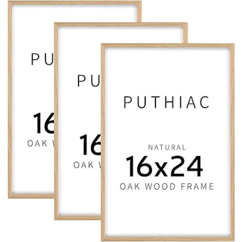 puthiac 16x24 Oak Wood Picture Frame - Minimalist 16x24 Poster Frame, 16"x24" Frame Wood, Natural Solid Wooden Picture Frames for Wall Art Photo and Prints(3 Pack, Beige)