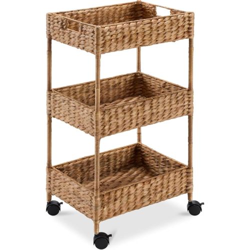 Best Choice Products 3-Tier Water Hyacinth Rolling Nursery Caddy w/Wheels, Utility Cart, Storage Organization for Bathroom, Craft Room, Laundry Room - Chestnut