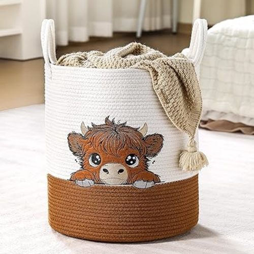Honeydak Highland Cute Cow Laundry Hamper Brown Tall Cotton Rope Laundry Basket Hamper Large Cow Girly Nursery Basket Storage for Blanket Toys Clothes Organization in Bedroom Bathroom