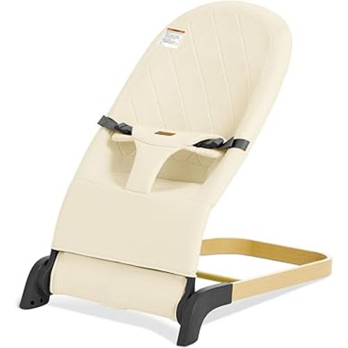 Foldable Baby Bouncer, Baby Seat with 3 Adjustable Heights, Portable Newborn Rocker, Ergonomic Bouncy Seat for Natural Bounce, Bouncer for Babies 0-6 Months, Soft Cotton (Beige)