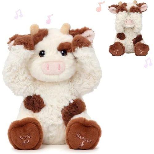 Hopearl Peek A Boo Cow Interactive Repeats What You Say Plush Diary Cattle Toy Musical Singing Talking Stuffed Animal Adorable Electric Animate Gift for Toddlers, Brown, 11''
