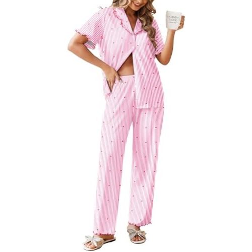 Ekouaer Womens Pajama Sets Short Sleeve Printed PJs Button Down Sleepwear