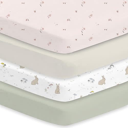 Little Grape Land Crib Sheets 4 Pack for Boys and Girls, Baby Neutral Crib Fitted Sheets for Standard Crib & Toddler Mattress, Super Soft Breathable Fitted Crib Sheet Set (Fog Flower & Fern)