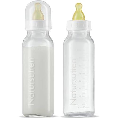 Natursutten Anti-Colic Glass Baby Bottle 2-Pack - 8 oz, 4 oz Bottles for Breastfeeding Babies - Newborn Bottles Set: Natural Rubber Slow-Flow Bottle Nipples, Seals, Valves, Baby Bottle Caps (8 Ounce)